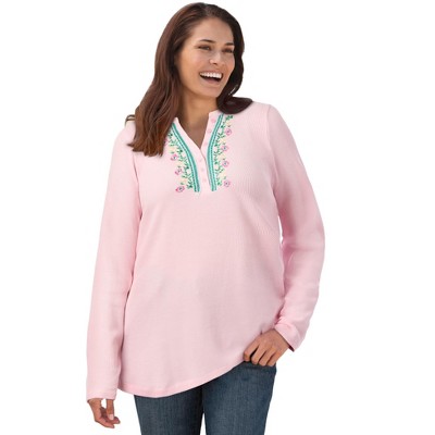 Woman Within Plus Size Embroidered Thermal Henley Tee