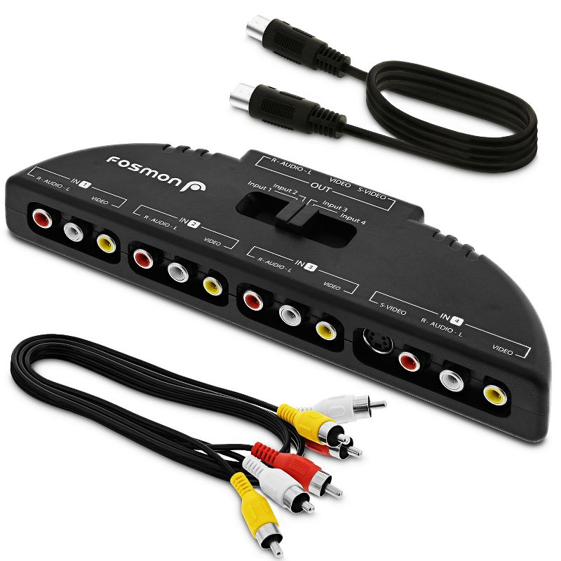 Fosmon AV Audio Video 4 Way RCA Composite Switch Splitter with RCA and S-Video Cable - Black, 1 of 8