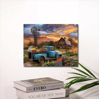 1 Piece Canvas Painting with Wood Frame, Ready to Hang, Rustic Blue Truck and Barn Wall Art - Wood Fiberboard Canvas Painting - Waterproof Frame
