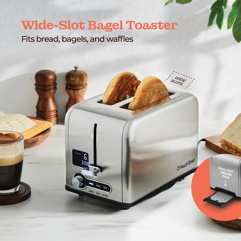 Peach Street 2 Slice Digital Countdown Bread Toaster, Stainless Steel, 6 Browning Levels, Removable Crumb Tray, Defrost, Bagel, Button, 5 of 10