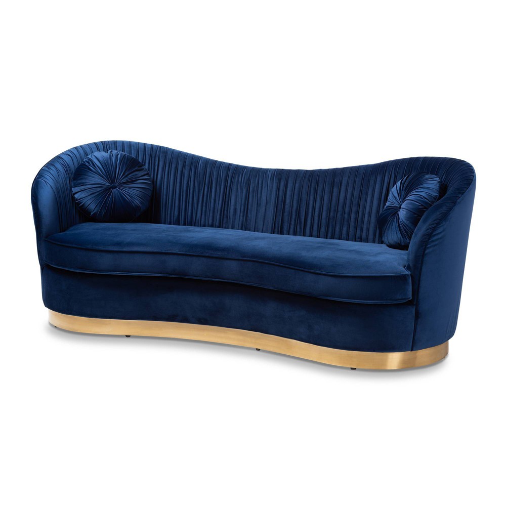 Photos - Sofa Baxton Studio Nevena Velvet  Blue: Luxurious Brushed-Gold Base, Foam Padded, No Assembly Required