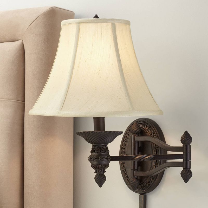 Barnes and Ivy Swing Arm Wall Lamp Bronze Plug-In Light Fixture Beige Softback Bell Shade for Bedroom Bedside Living Room Reading, 2 of 9
