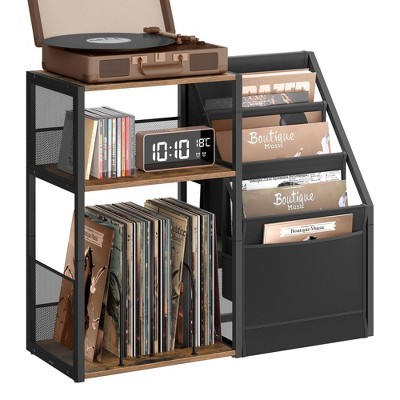 HDZNVF Record Player Stand, 3-Tier Side Table, Vinyl Record Storage up to 140 Albums, Rustic Brown