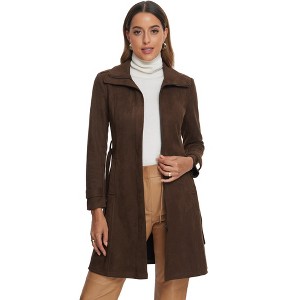 Allegra K Women's Faux Suede Belted Long Zipper Jacket - 1 of 4