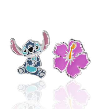 Disney Girls Lilo & Stitch Sterling Silver Mismatch Flower and Stitch Stud Earrings 