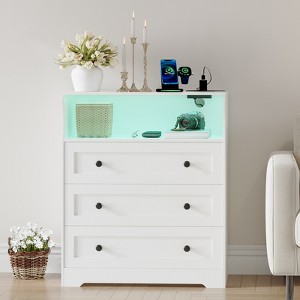 Small Dresser for Bedroom Closet Bedside with 3 Drawers, Wooden Dressers with Charging Station and LED Lights, Wood Chest of Drawers for Living Room - 1 of 4