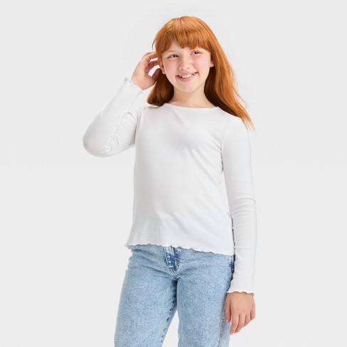 Girls' Long Sleeve Lettuce Edge T-shirt - Art Class™ White M : Target