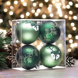 4pc Unique Spruce Leaf and Woodland Deer Patterned Christmas Bauble Ball Set, Glittered Light and Dark Green Ornaments| OrnamentallyYou - 1 of 4