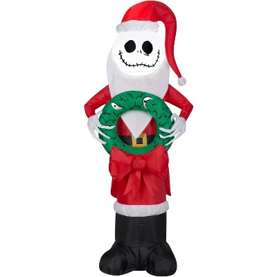 Gemmy Christmas Airblown Inflatable Jack Skellington in Santa Suit with Wreath, 4 ft Tall