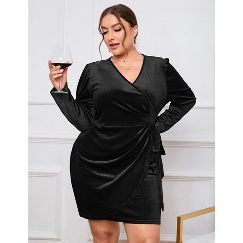 MISSKY Womens Plus Size Long Sleeve Velvet Mini Dress Wrap V Neck Ruched Bodycon Cocktail Party Club Dress 5X Large Black