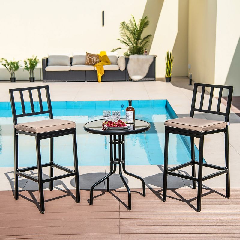 Costway Set of 2 Patio Metal Bar Stools Outdoor Bar Height Dining Chairs with Cushion, 2 of 11