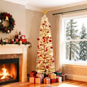 6ft /7.5ft /9ft Snow Flocked Slim Pencil Christmas Tree With Pre-Strung Bulbs, Pre-Lighted Xmas Tree, Lush Branches, Space-saving, Easy to Install - 1 of 4