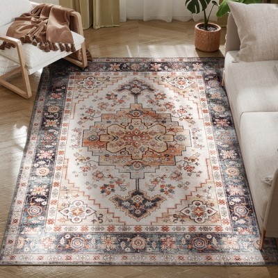 HOMCOM Area Rug 4x6, Non-Slip Machine Washable Rug, Boho Print Pattern Medallion Carpet for Living Room, Bedroom, Dining Room, Tawny Brown