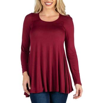 24seven Comfort Apparel Womens Long Sleeve Solid Color Swing Style Flared Tunic Top