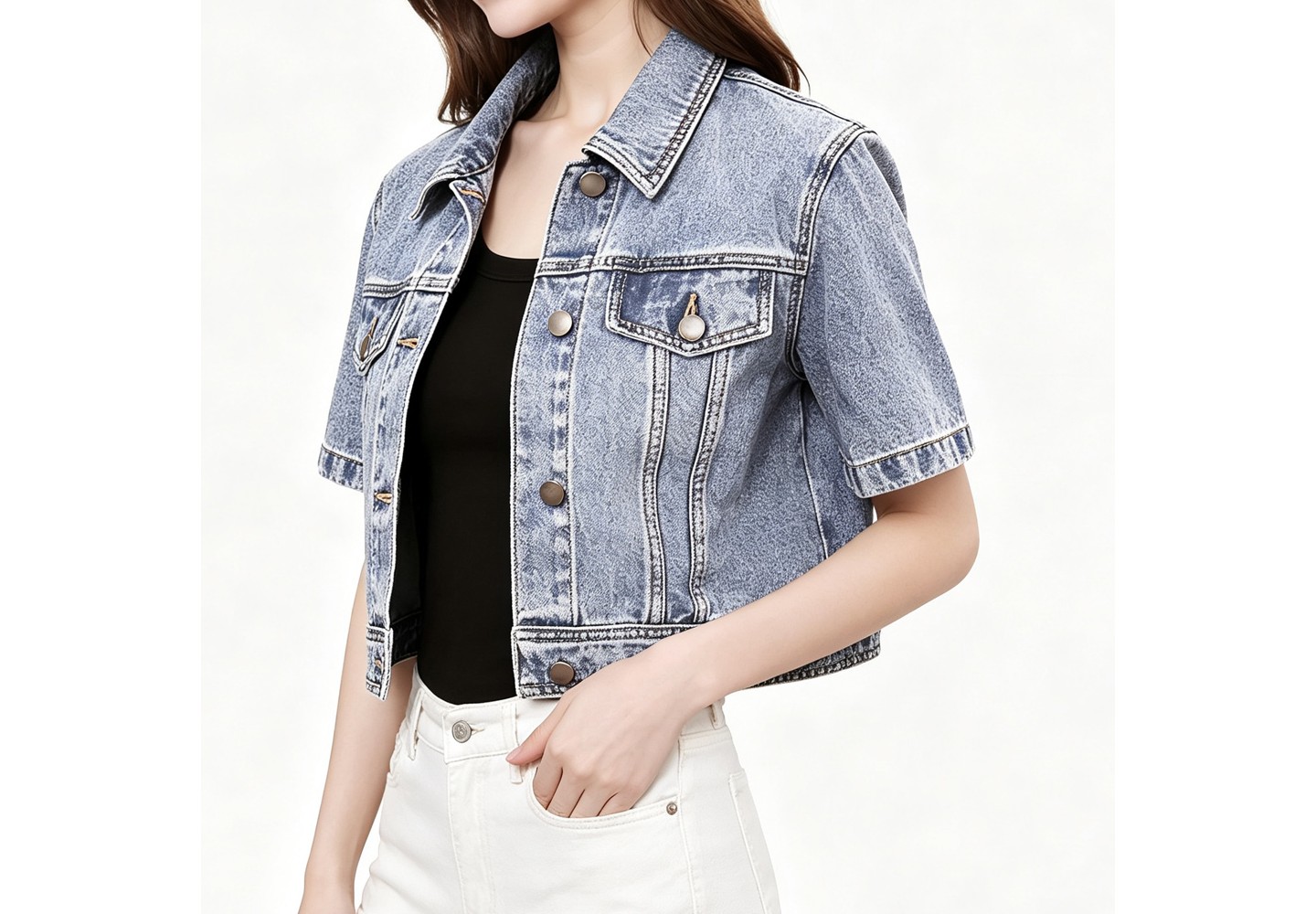 Женская куртка YesFashion Cropped Short Sleeve Denim Jacket Classic Lapel Button Front Chest Pocket Casual Light Wash Outerwear Shrug，ligh blue, цвет: Джинсовый — фото 2