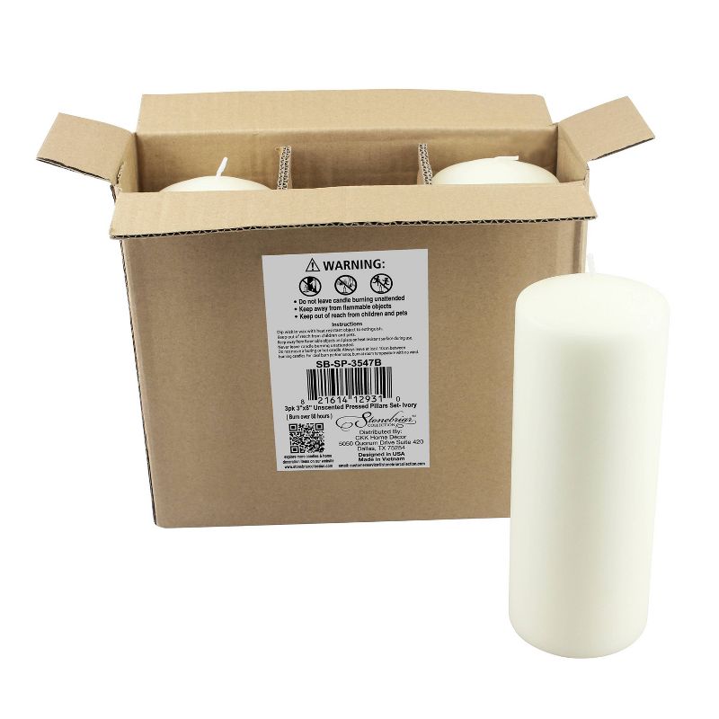 Stonebriar 3pk Tall 3&#39;&#39; x 8&#39;&#39; 80 Hour Long Burning Unscented Ivory Wax Pillar Candle, 4 of 8