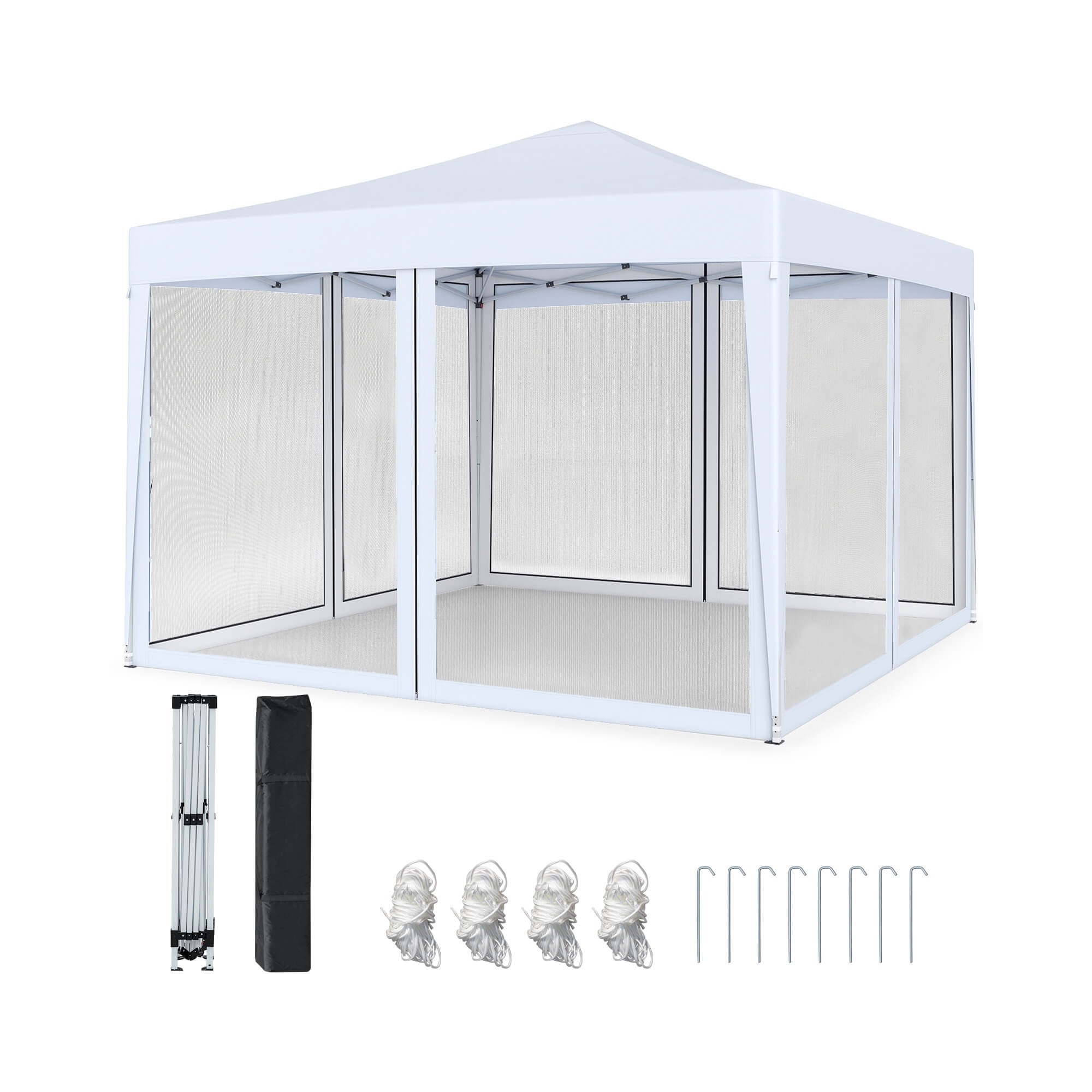 Costway 10 FT x 10 FT Pop-Up Canopy Tent with Mesh Netting, Carry Bag, 8 Stakes & 4 Ropes White