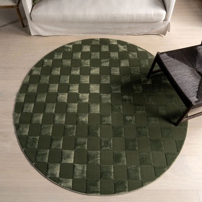 Alaiya Green Synthetic Checkered Round 6' Washable Area Rug