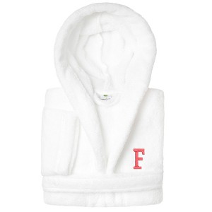 Personalized Linum Kids 100% Polyester SUPER PLUSH Double Brushed Hooded Bathrobe in Pink Bookman Font - 1 of 3