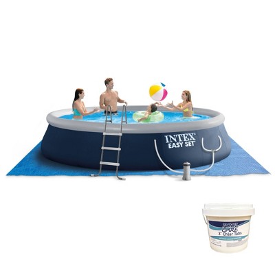 Intex Easy Set 15ft x 42in Inflatable Outdoor Above Ground Swimming Pool Bundle with Filter Pump & Pool Care 36125 3-Inch Chlorine Tablets, 25 Pounds