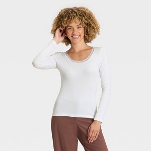 Women's Long Sleeve Lace Trim Scoop Neck Top - A New Day™ - 1 of 4
