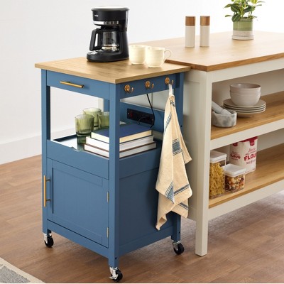Slate Blue Engineered Wood Kitchen Cart with Storage and Wheels