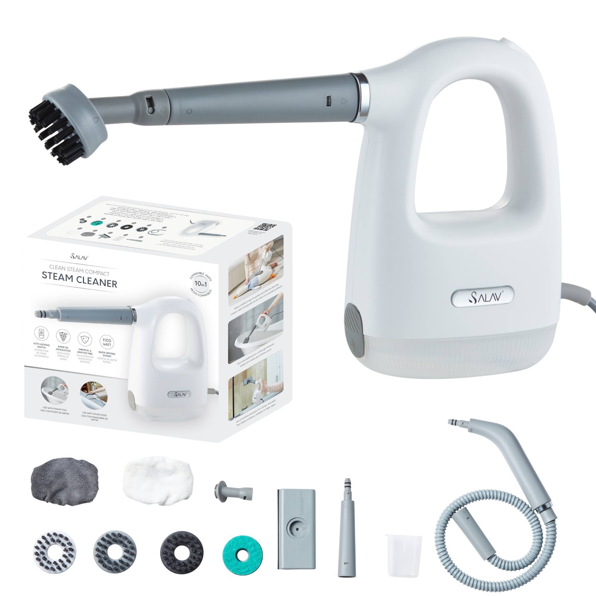 SALAV CS-100 CleanSteam Compact Steam Cleaner White: Electric, 1100W, 250ml Tank, Lightweight, Multipurpose, 13.5ft Cord