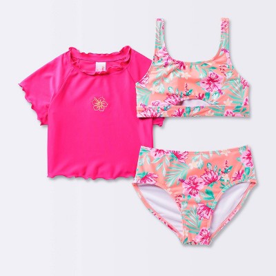 Cat & Jack Girls' Tropical Hibiscus Short Sleeve Rash Guard Bikini Set - Cat & Jack™ Pink S — фото 2