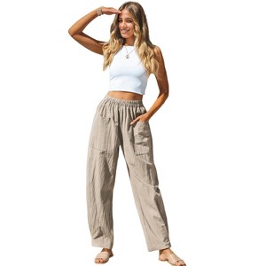 Clearlove Women's Lightweight Faux Linen Cargo Pants Outdoor Casual Mid Waist Track Cuff Lounge Elastic Waist Cargo Trouser with Pockets - 1 of 4