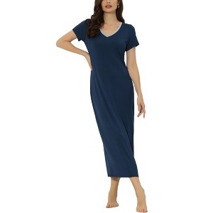 cheibear Women's Solid V-Neck Short Sleeves Long Pajama Dress with Side Slit - 1 of 4