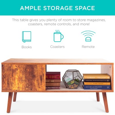 Mid-Century Modern Brown Wood Coffee Table with Storage Shelf