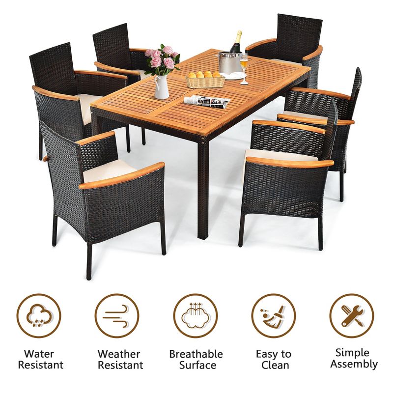 Costway 7PCS Patio Rattan Dining Set Armrest Cushioned Chair Wooden Tabletop, 5 of 11