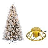 Home Heritage Snowdrift Spruce 7.5 Foot Prelit Christmas Tree Bundled with Golden Metal Rotating Stand