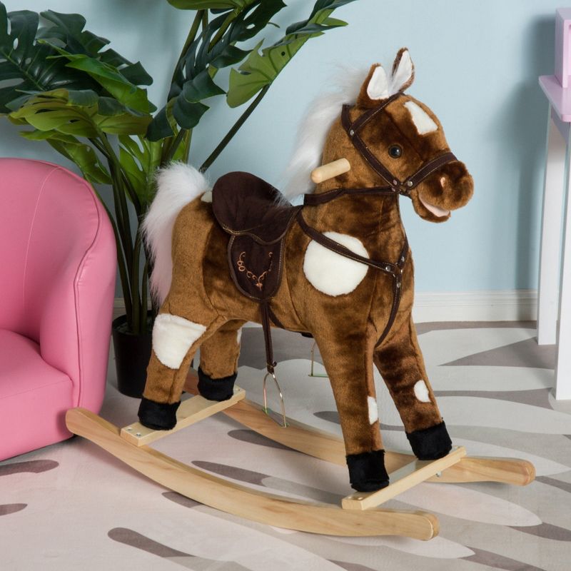 Qaba Kids Metal Plush Ride-On Rocking Horse Chair Toy With Nursery Rhyme Music - Dark Brown, 4 of 10