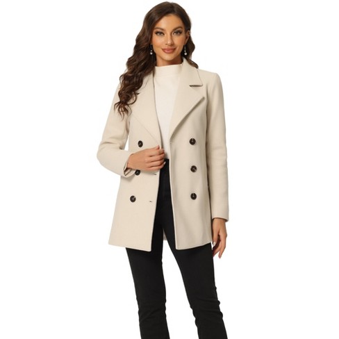 Allegra K Women s Long Sleeves Double Breasted Button Winter Outerwear Pea Coat Beige Medium