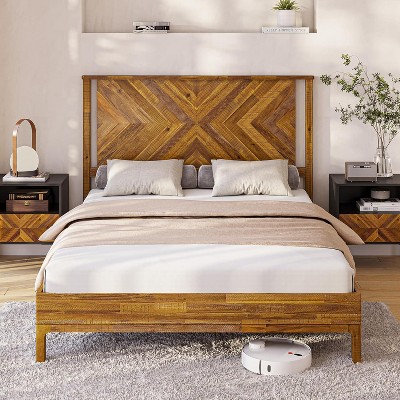 SweDrea 14 Inch Deluxe Bed Frame with Headboard, Rustic & Scandinavian Style with Solid Acacia Wood