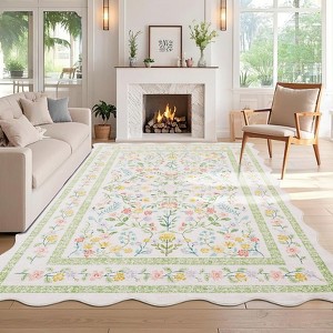 Garvee Boho Floral Area Rug Machine Washable Low Pile Soft Carpet for Living Room Scalloped Floral Runner Rug - 1 of 4
