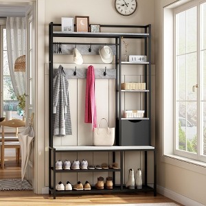 Hall Tree With Bench and Shoe Storage, Coat Rack Freestanding, 5-Tier Shelves, Fabric Storage Basket, Side Hooks - 1 of 4