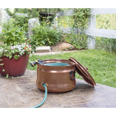 Antique Copper Steel Garden Hose Storage Pot with Lid
