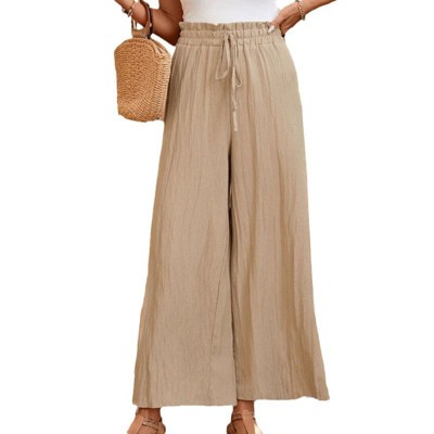 Coolmee Women's Wide Leg Pants Drawstring High Waist Loose Casual Trousers Business Work Casual Pants with Pockets M Apricot