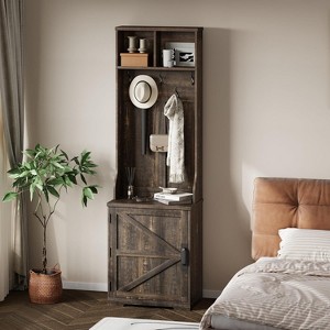 Acekool Farmhouse Narrow Hall Tree with Bench and Shoe Storage, Coat Rack, Barn Door, Small Entryway Organizer - 1 of 4
