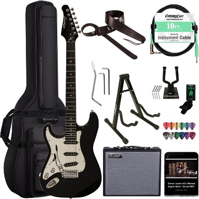 Sawtooth Left-Handed Black ES Series Electric Guitar w/ Chrome Pickguard - Includes: Accessories, Amp & Gig Bag