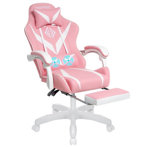 Hoffree Kids Massage Gaming Chair Ergonomic Office Chair with RGB Footrest Pink White - image 1 of 4