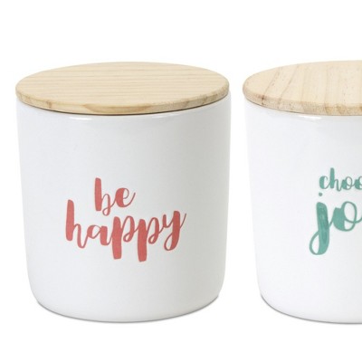 White Ceramic Sentiment Canisters with Wooden Lids, Set of 2