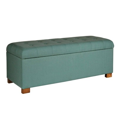 Polyester Upholstery Bench with Button Tufted Hinged Lid Storage and Wood Feet Teal - Benzara