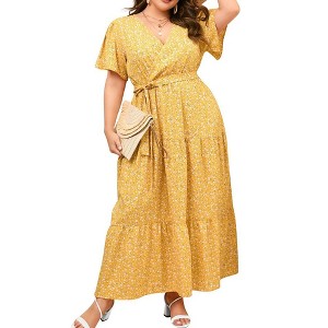 MISSKY Women Plus Size Wrap Dress High Waist Short Sleeve Ruffle Casual Summer Maxi Dresses with Belt - 1 of 4