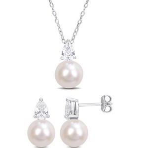 EVERLY JEWELRY | Sterling Silver 8.5-9mm Cultured Freshwater Pearl and 2ct TGW Pear-Cut Created White Sapphire 2-Pcs Drop Necklace and Earrings Set - 1 of 4