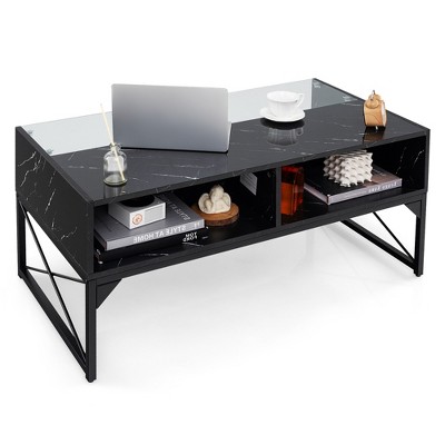 Tangkula High-gloss LED Coffee Table w/ Faux Marble & Tempered Glass Top 4 Storage Cubes