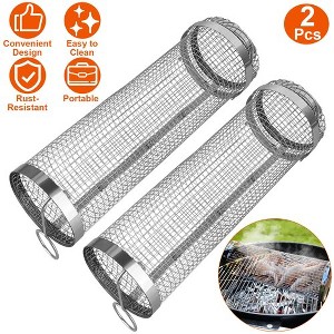 iMountek 2-Pack Portable BBQ Rolling Basket, 3.42"x11.61" Round Stainless Steel Grill Mesh with Removable Cover for Outdoor Camping - Silver - 1 of 4