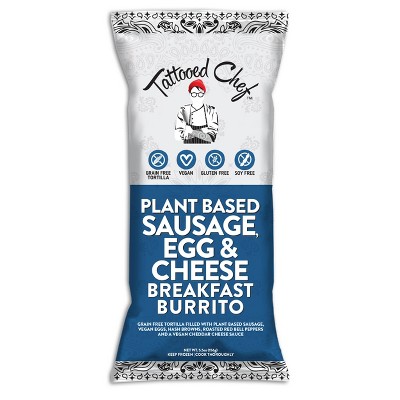 Tattooed Chef Gluten Free Vegan Plant Based Sausage, Eggs & Cheese Frozen Breakfast Burrito - 6oz